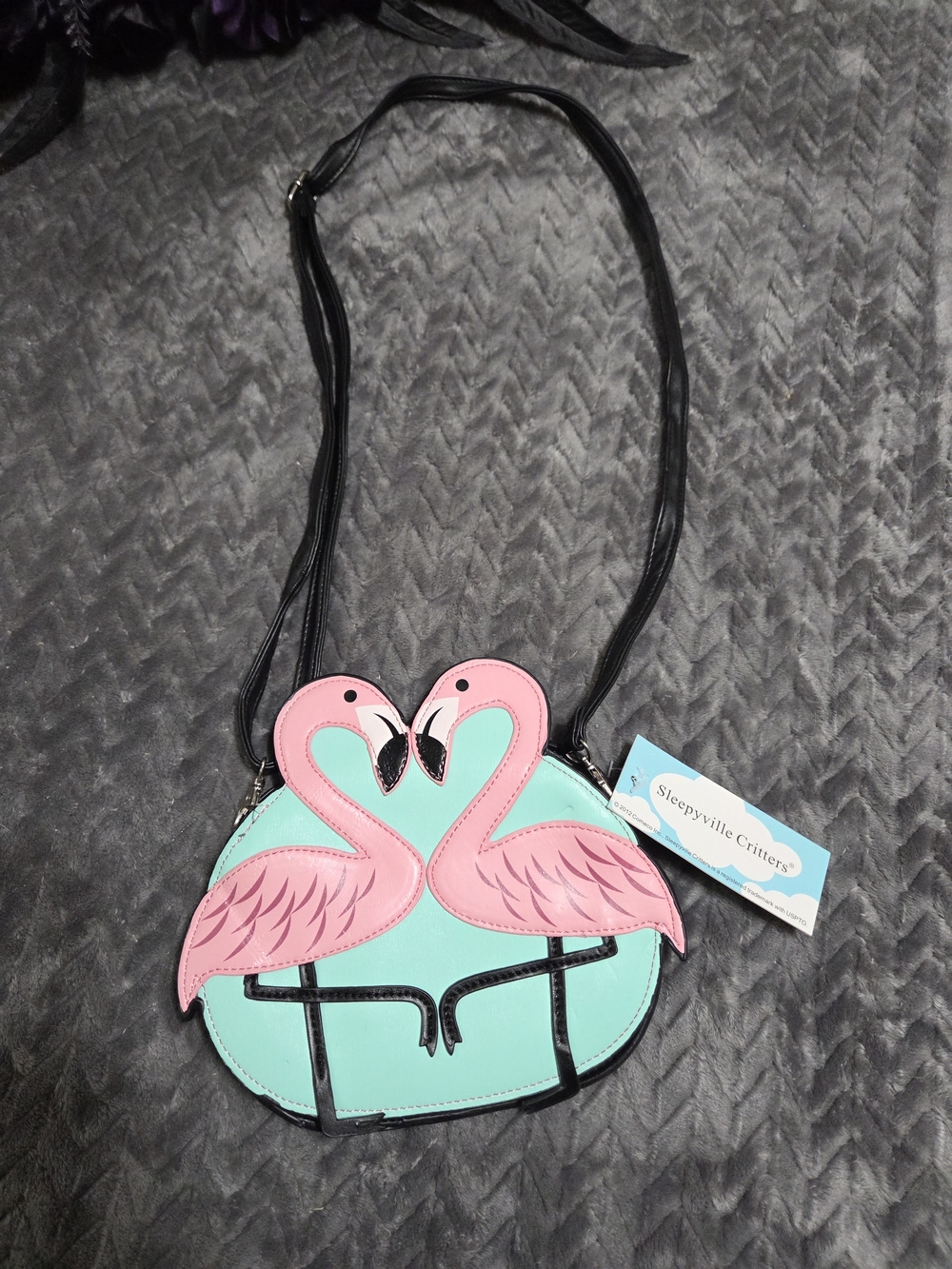 Sleepyville Critters Pink Flamingo Heart Crossbody Bag - Mint